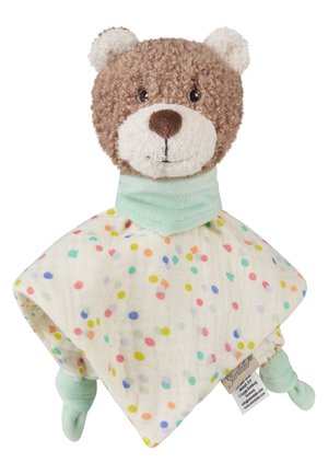 Soft brown teddy bear head attached to a white polka-dot cloth with knotted mint-green corners and matching collar.