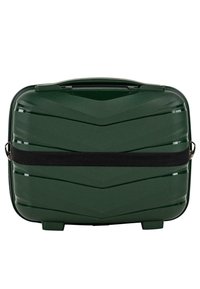 Maleta rígida verde con patrón de chevron, forma rectangular, correa elástica negra, asa resistente y pequeñas patas para estabilidad.