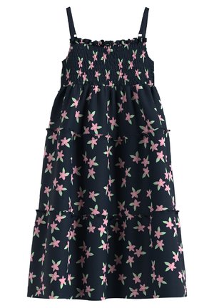 Navy jurk met een roze en groene bloemenpatroon, smock-borstvoedingsbodice, spaghetti-bandjes en gelaagde ruches aan de onderkant.
