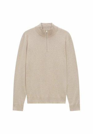 Beiger Pullover aus weichem Stoff, mit hohem Kragen und einem Design mit halbem Reißverschluss, langen Ärmeln und gerippten Bündchen.