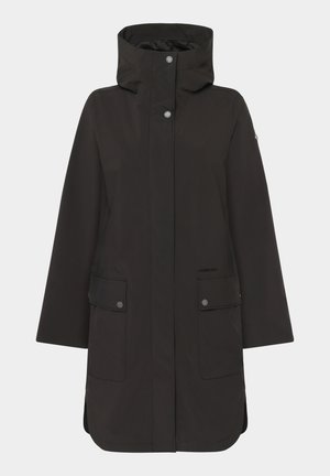 Black waterproof jacket with a hood, snap closures, two front pockets, and a straight silhouette. Made from durable, smooth fabric.