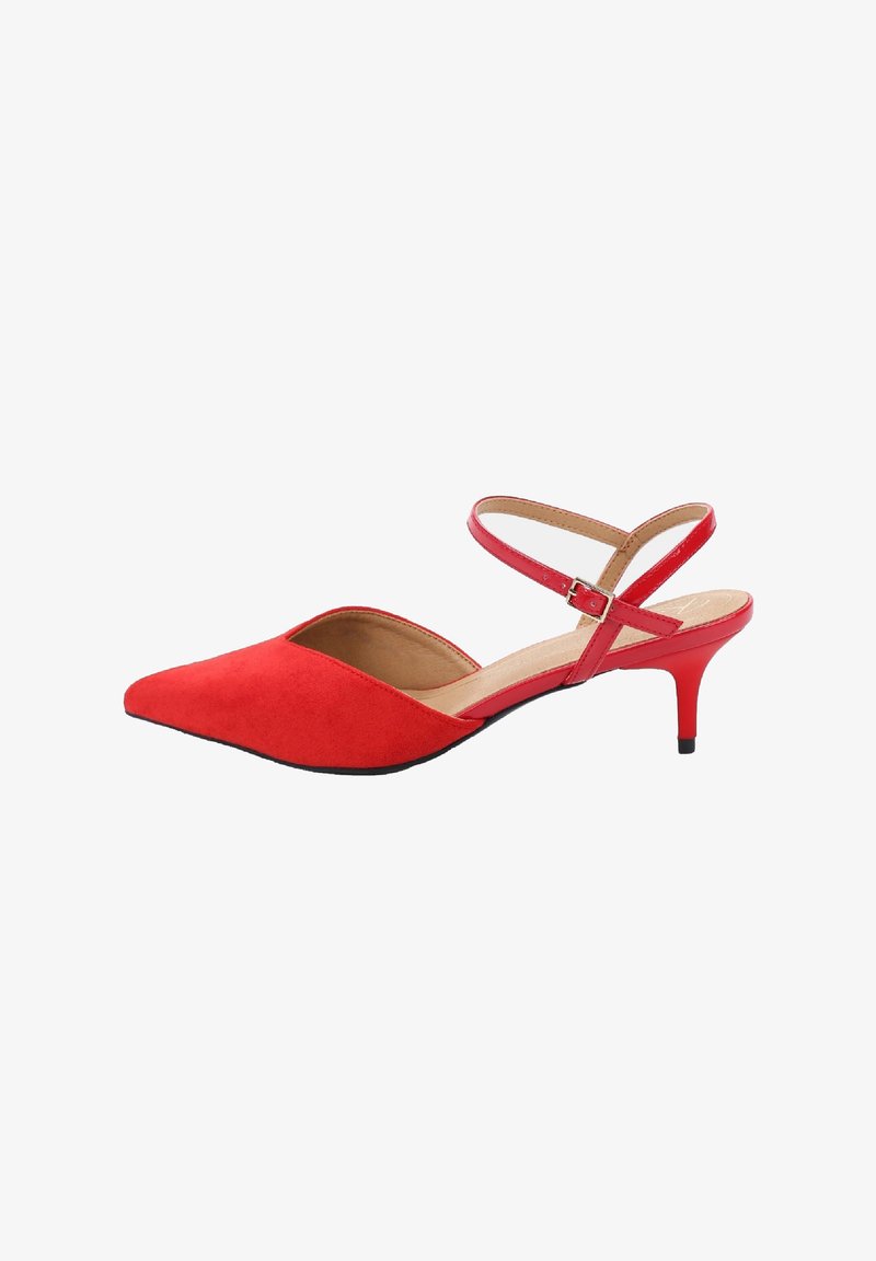 Rote Wildleder-Pumps mit spitzem Zehenbereich, offener Seite und schmalem Knöchelriemen. Verfügt über einen 5 cm hohen Stiletto-Absatz und ein glattes Innenfutter.