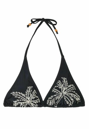Czarny top bikini w kształcie trójkąta z białymi haftowanymi motywami liści palmy oraz sznureczkami wiązanymi z drewnianymi koralikami na końcach.