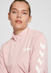 Lichtroze zip-up jack gemaakt van zachte stof, met een wit logo en een chevronpatroon op de mouwen. Hoge kraag en aansluitende pasvorm.