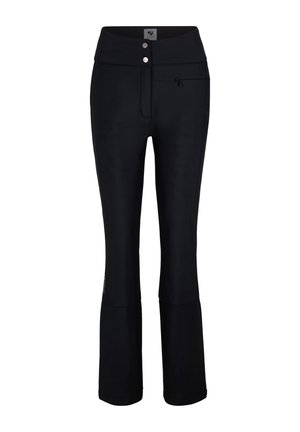 Black pants with a high waistband, featuring two front buttons, a zippered pocket, and a fitted design that flares slightly at the bottom.