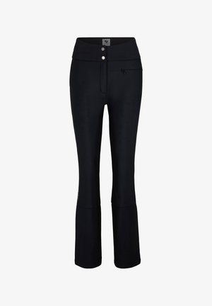 Black pants with a high waistband, featuring two front buttons, a zippered pocket, and a fitted design that flares slightly at the bottom.