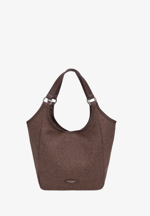 Sac fourre-tout en tissu marron texturé avec des poignées en cuir marron foncé et des anneaux en métal argenté, comportant une petite étiquette de marque à l'avant.