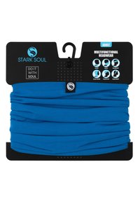 Un accessoire polyvalent en tissu bleu vif, texturé avec des plis, présenté sur une carte noire avec des icônes illustrant son utilisation.