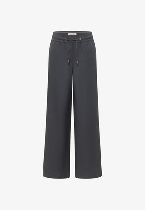 Pantalon large gris foncé avec taille élastique et cordon ajustable, en tissu léger.