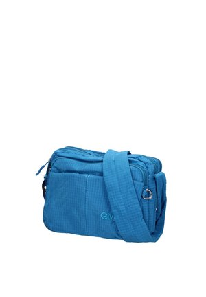 Borsa a tracolla blu con più scomparti con cerniera, tracolla regolabile e motivo a griglia sottile, posizionata su uno sfondo bianco.