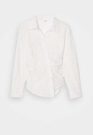 Witte button-up shirt van kantstof met paisleypatronen, lange mouwen, een kraag en een licht gebogen zoom.