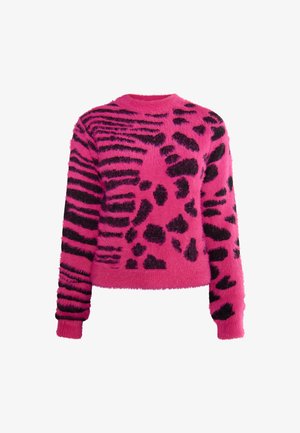 Puhafedeles rózsaszín pulóver fekete állatmintázatú mintákkal, beleértve a csíkokat és foltokat. Kerek nyakkivágás és bordázott mandzsetták, Cropped hossz.