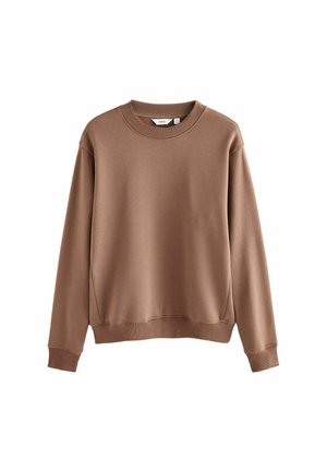 Sudadera marrón hecha de tela suave, con un escote redondeado, mangas largas y puños y dobladillo de canalé. Sin patrones ni acentos visibles.