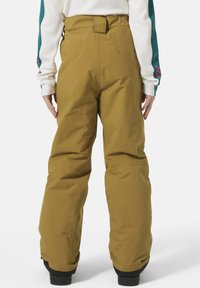 Sneeuwbroek in een beige kleur met een Tailleband, wijde pijpen en ritszakken. Gemaakt van waterdicht materiaal, ontworpen voor winteractiviteiten.