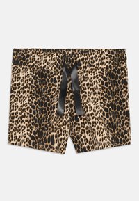 Pantaloni corti con stampa leopardata in beige e nero. Presentano una vita elasticizzata con un cordoncino in satin nero e due tasche laterali.