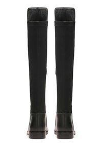 Knee-high black boots with a smooth leather and satin finish. Features a rounded toe and a subtle zipper detail on each side.