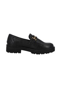 Mocasines de cuero negro con una suela de goma baja y gruesa, que cuentan con una hebilla decorativa en tono dorado y detalles de costura en la parte superior.