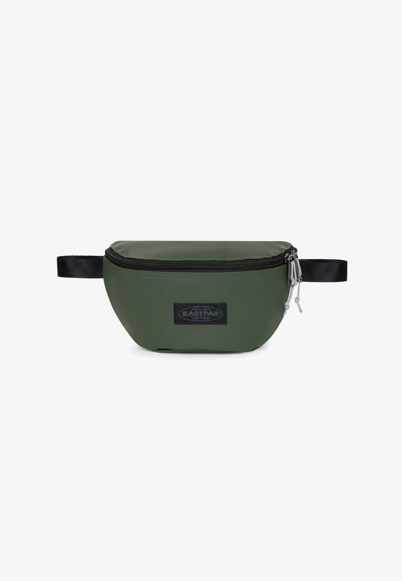 Pouch in tessuto verde con zip nera, dotato di patch con logo, superficie testurizzata e manico laterale per un facile trasporto.