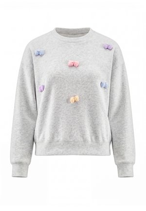 Lysgrå sweatshirt med lange ærmer, dekoreret med små pastelfarvede sløjfer i pink, blå, gul og lilla foran og på skuldrene.