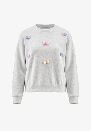 Lysgrå sweatshirt med lange ærmer, dekoreret med små pastelfarvede sløjfer i pink, blå, gul og lilla foran og på skuldrene.
