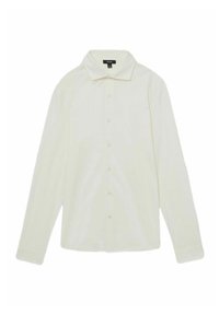 Cămașă ușor crem, cu mânecă lungă, tip button-up, confecționată dintr-un material moale, având un guler standard și închidere cu nasturi pe față.