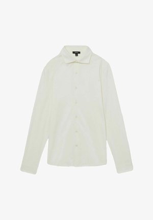 Light cream long-sleeve button-up shirt made of soft fabric, featuring a standard collar and button closure along the front.