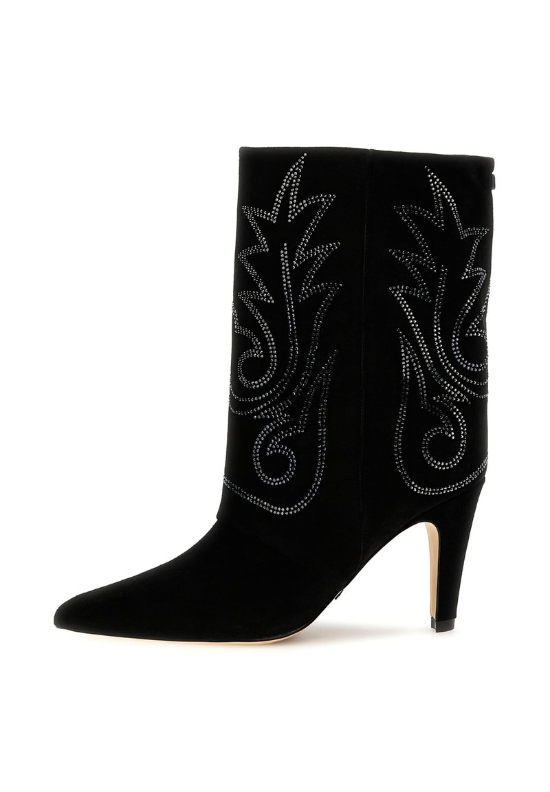 Botine negre din suede, cu vârf ascuțit, broderie decorativă din argint și toc stiletto de 10 cm. Textură netedă, design ajustat.