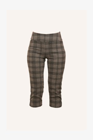 Sive karirane skraćene hlače s rastezljivim strukom, prilagođenim krojem i teksturiranom tkaninom s crnim i svjetlijim sivim naglascima.