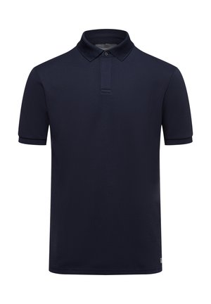Marineblauw poloshirt met korte mouwen, textuurrijke stof, een kraag met knopen en aangesloten manchetten aan de mouwen.