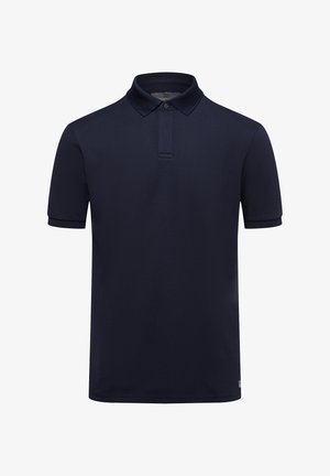 Marineblauw poloshirt met korte mouwen, textuurrijke stof, een kraag met knopen en aangesloten manchetten aan de mouwen.