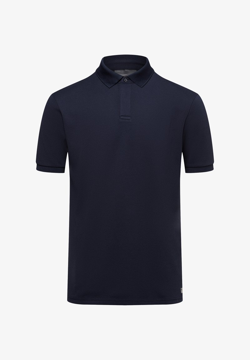 Marineblauw poloshirt met korte mouwen, textuurrijke stof, een kraag met knopen en aangesloten manchetten aan de mouwen.