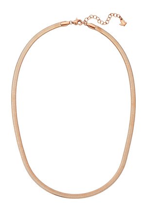 Collier chaîne serpent ton or rose avec fermoir mousqueton et chaîne d'extension réglable se terminant par un pendentif en forme de cœur.