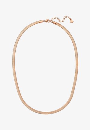 Collier chaîne serpent ton or rose avec fermoir mousqueton et chaîne d'extension réglable se terminant par un pendentif en forme de cœur.