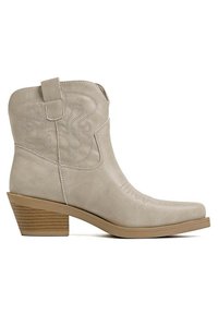 Stivale alla caviglia in pelle beige con punta square, cuciture decorative e tacco impilato. Comprende una linguetta per facilitare l'indossamento.