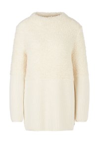 Cream-colored sweater with a fuzzy texture on the top half and a ribbed knit lower half. Features a rounded neckline and long sleeves.