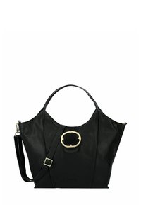 Zwarte leren handtas met een afgeronde vorm, voorzien van een opvallende gouden gesp, een afneembare schouderriem en een textuur aan het oppervlak.