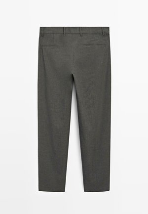 Pantalons en mélange de laine gris avec un motif à fines rayures, coupe droite, deux poches arrière et une taille standard. Texture lisse.