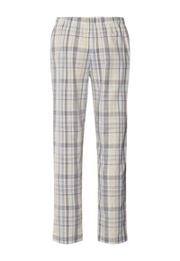 Lichte katoenen gebloemde broek met een mix van blauw, grijs en crème kleuren, met een elastische tailleband en een ontspannen pasvorm.