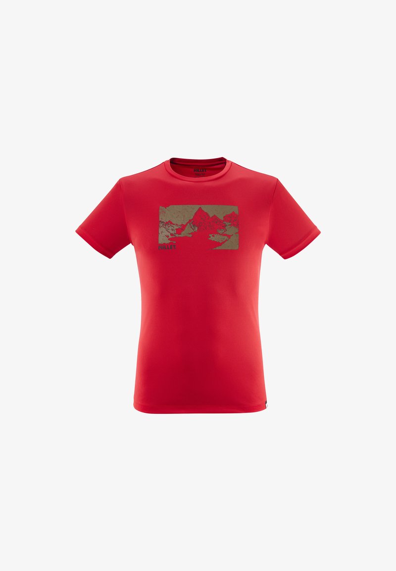 T-shirt rouge à manches courtes fabriquée en tissu lisse, ornée d'un motif de montagne doré, avec un col rond et une coupe ajustée.