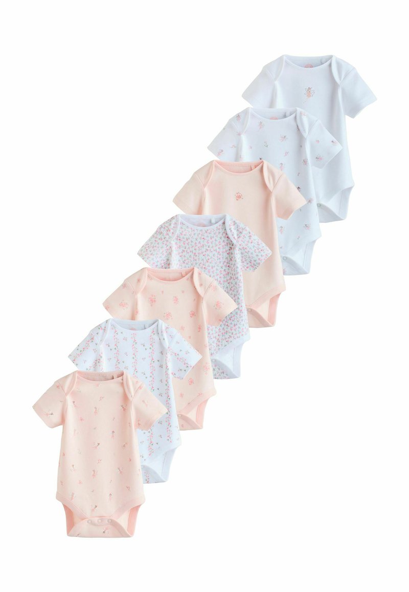 Šeši trumpomis rankovėmis kūdikių bodžiukai pastelinėmis spalvomis, su gėlių raštais ir vienspalviais atspalviais. Pagaminti iš minkšto medvilnės audinio, turi spaudžiamus užsegimus.