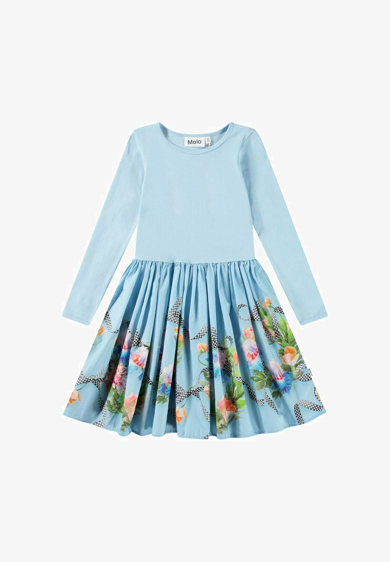 Sininen pitkähihainen mekko, jossa on ribatettu yläosa; kellotettu helma, jossa on kukkakuosi ja ruudulliset nauhaaksentit, valmistettu pehmeästä puuvillakankaasta.