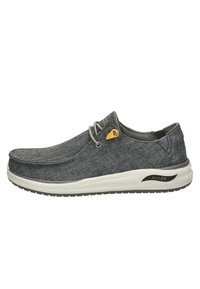 Gray slip-on shoes with a textured fabric upper, elastic laces, and a cushioned white sole featuring ArchFit branding.