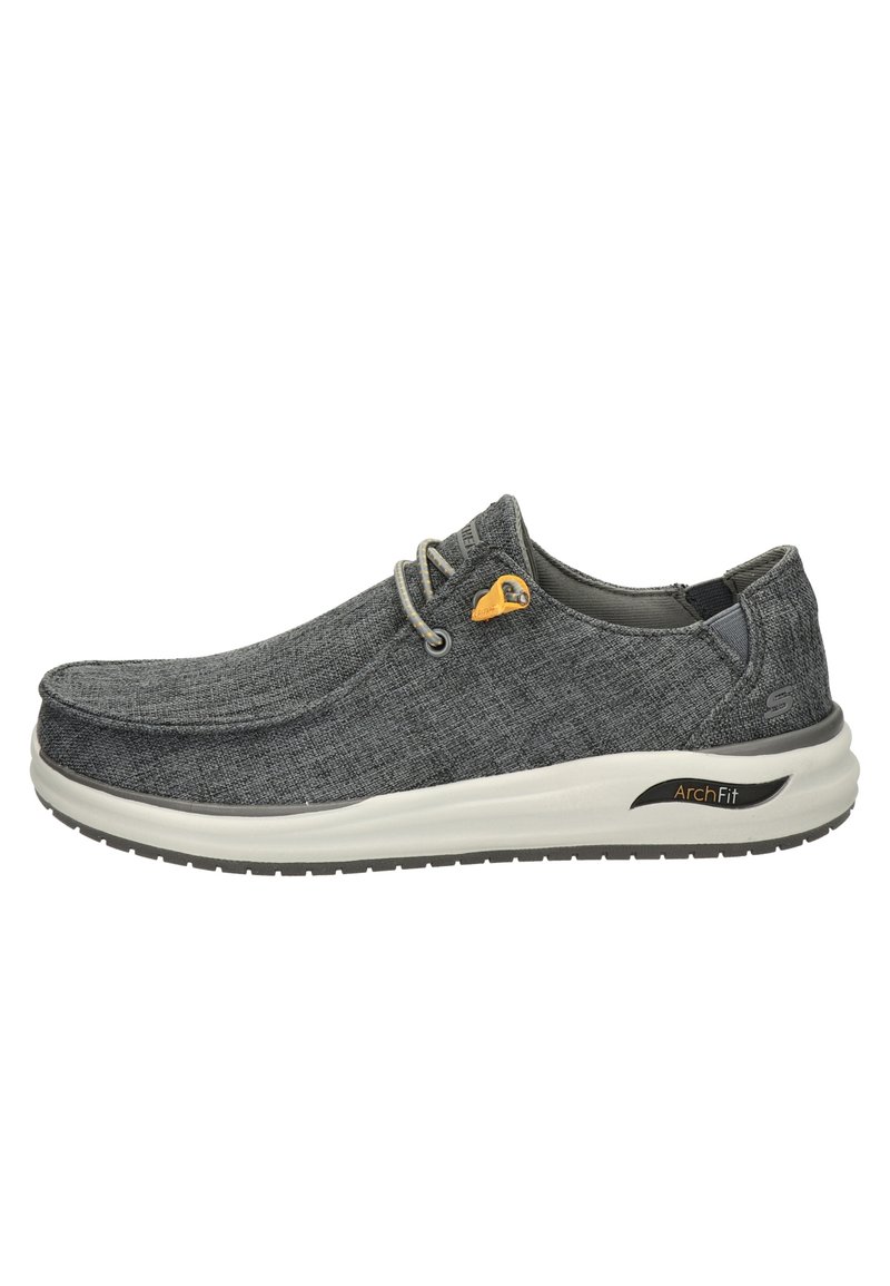 Gray slip-on shoes with a textured fabric upper, elastic laces, and a cushioned white sole featuring ArchFit branding.