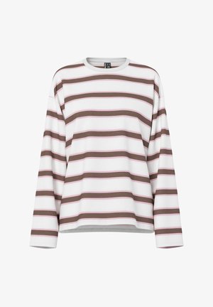 Baltas dryžuotas ilgomis rankovėmis marškinėlis su pakaitomis rudos ir šviesiai rožinės spalvos horizontaliomis juostomis. Turi apvalią iškirptę ir laisvą siluetą.