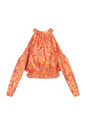 Rode blouse met paisleypatroon, lange mouwen, geraffineerde halslijn en elastische tailleband. Glad stof met gouden en roze accenten.