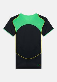 Camisa de desempenho preta de mangas curtas com malha verde nos ombros e decote, apresentando costuras de destaque amarelas e um design circular nas costas.