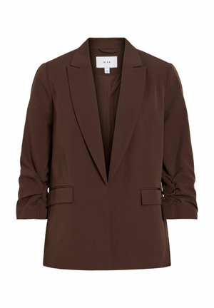 Veste marron pour femme avec revers à crans, manches trois-quarts froncées et poches avant à rabat, étiquetée VILA.