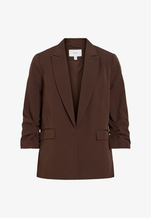 Veste marron pour femme avec revers à crans, manches trois-quarts froncées et poches avant à rabat, étiquetée VILA.