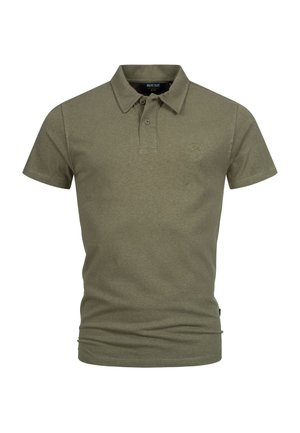 Groene katoenen polo met korte mouwen, een knoopsluiting met twee knopen en een klein logo op de borst. Gladde textuur en slim-fit ontwerp.