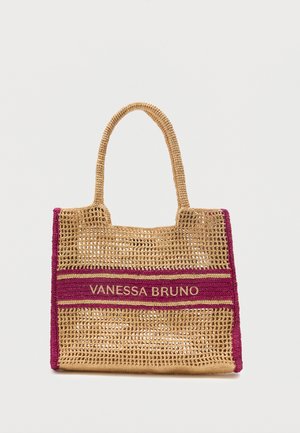 Beežist kootud käekott kahe sangaga, fuksia äärisega ja "VANESSA BRUNO" kuldse tikandiga horisontaalsel fuksia triibul.
